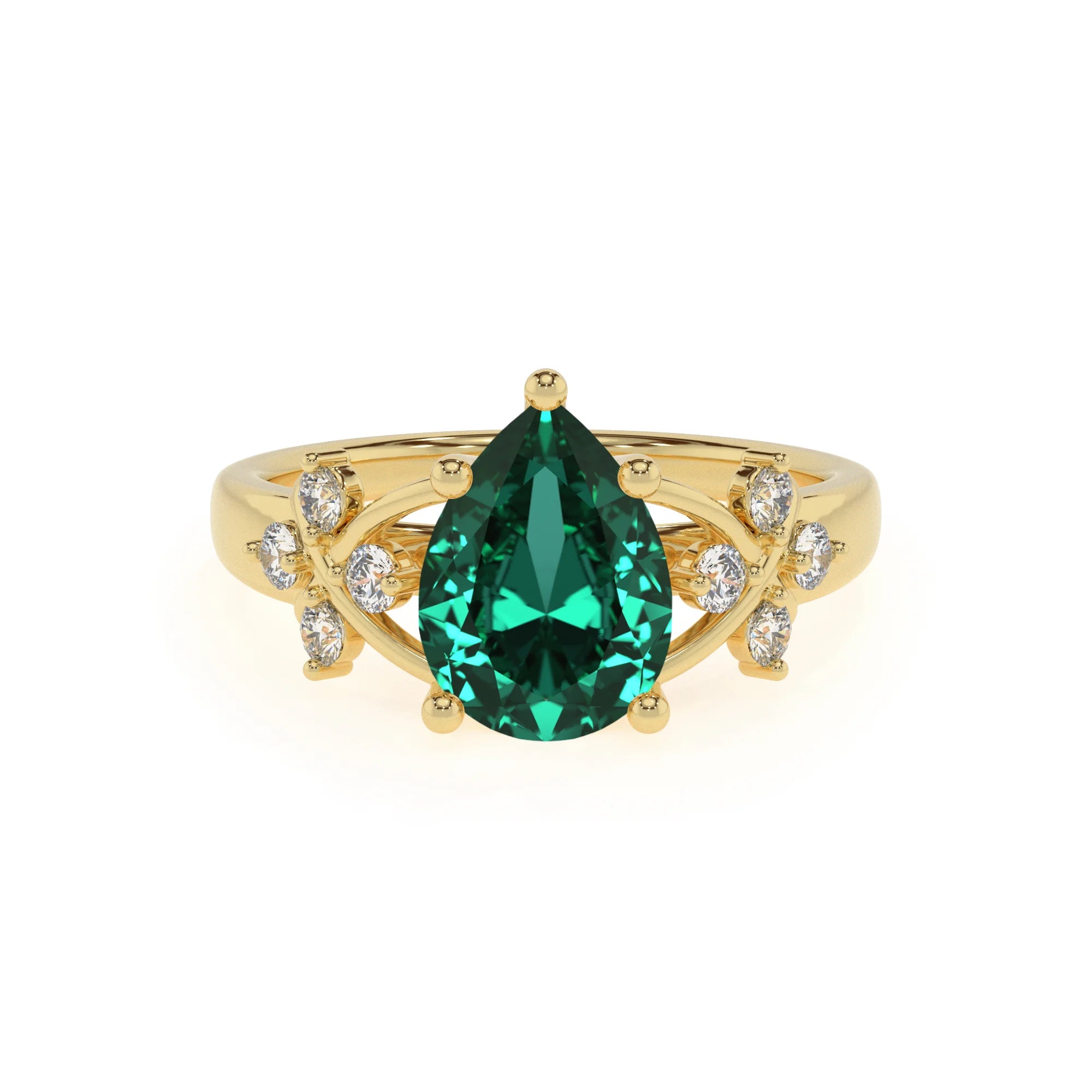 lab grown emerald pear solitaire rings in yellow gold