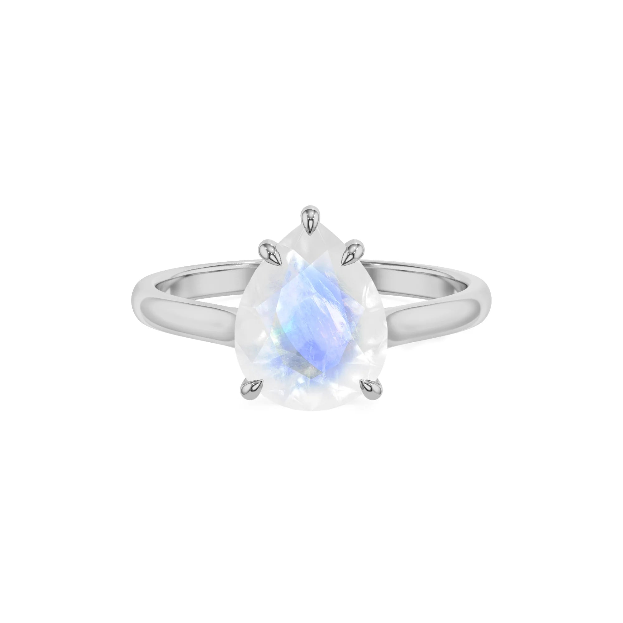 natural rainbow-moonstone pear solitaire rings in platinum