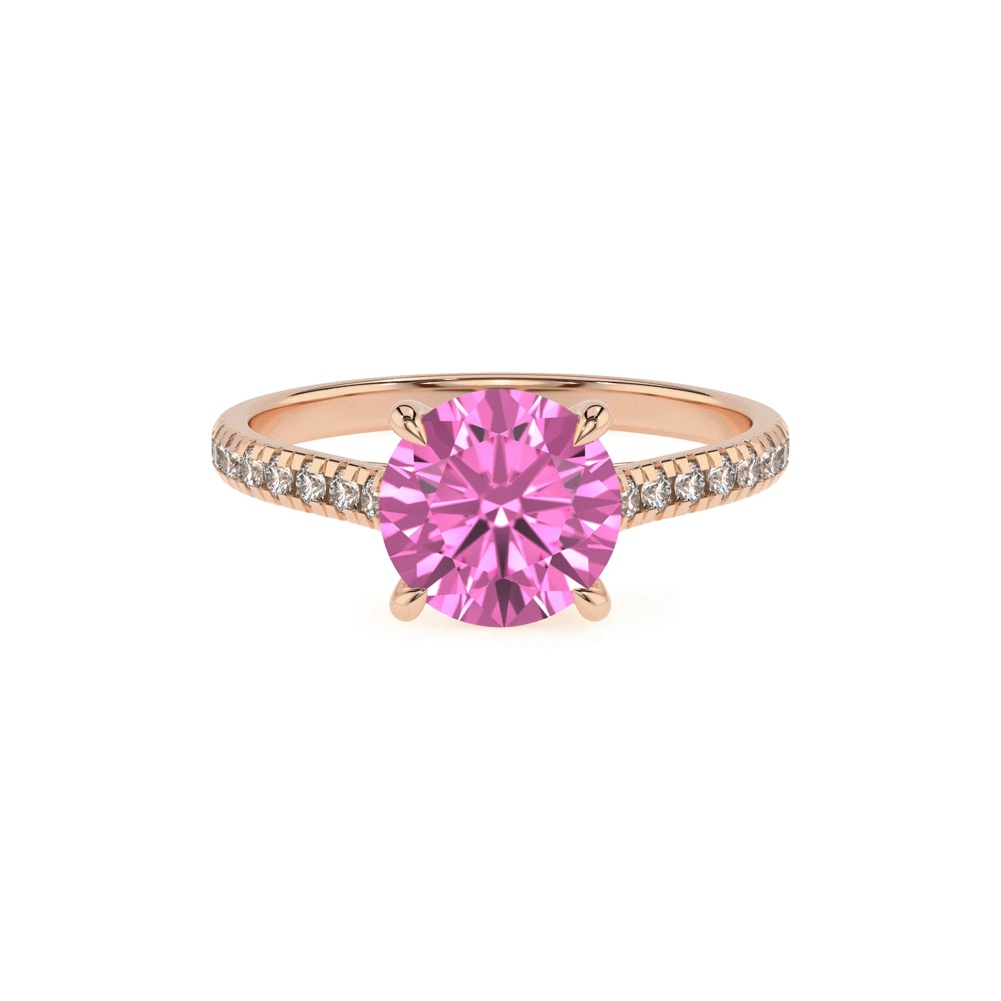 lab grown pink-sapphire round half eternity solitaire engagement rings in rose gold