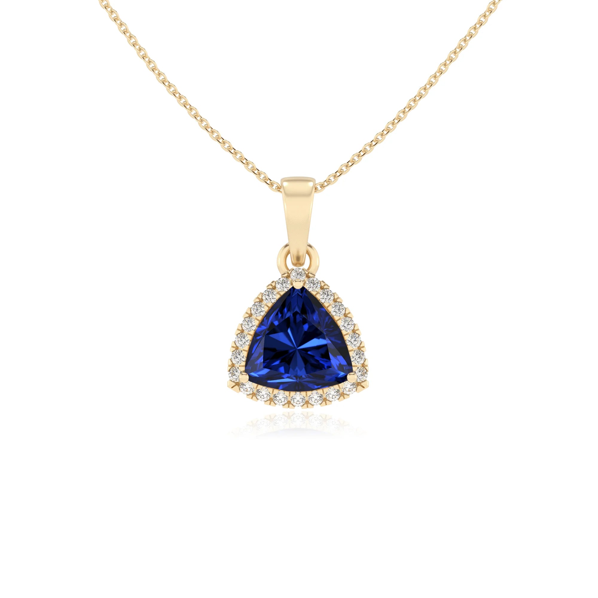 lab grown blue-sapphire trillion solitaire necklaces in yellow gold