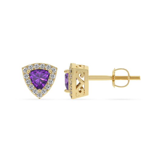 lab grown amethyst trillion stud earrings in yellow gold