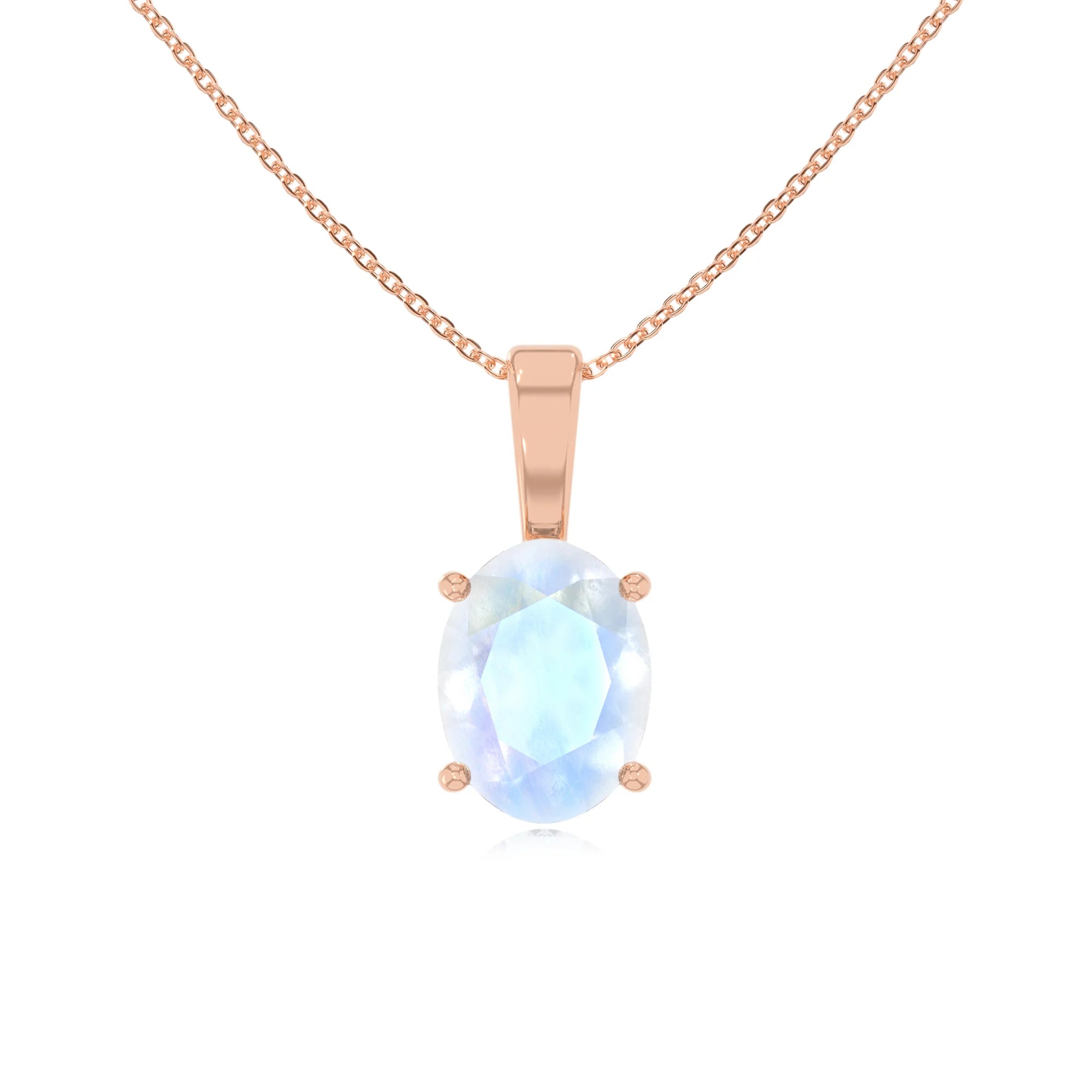 natural rainbow-moonstone oval solitaire necklaces in rose gold