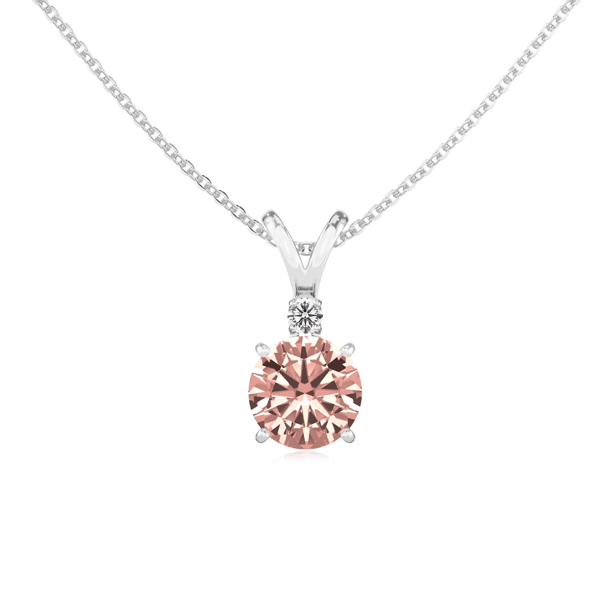 lab grown morganite round solitaire v-bale necklaces in white gold