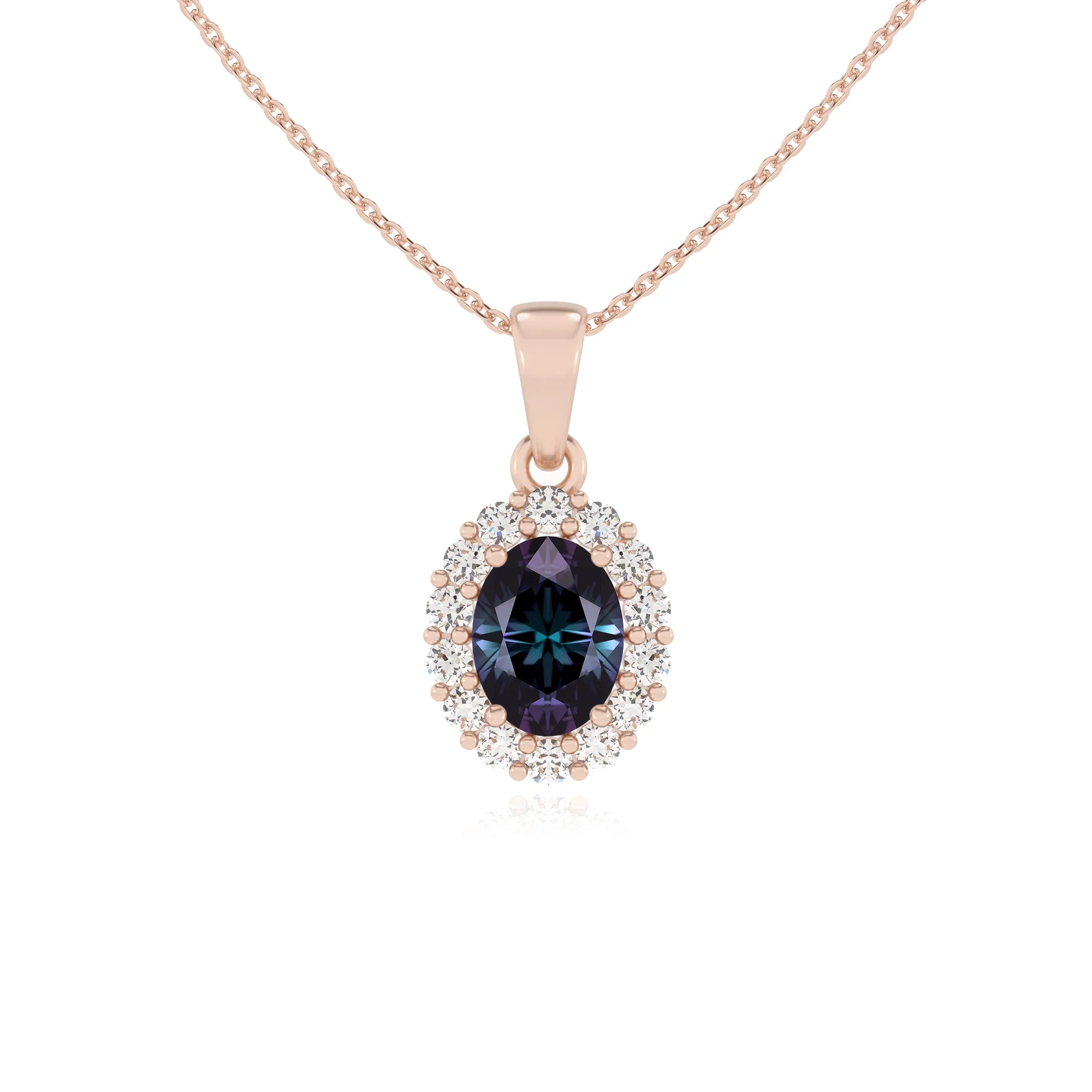lab grown alexandrite oval solitaire necklaces in rose gold