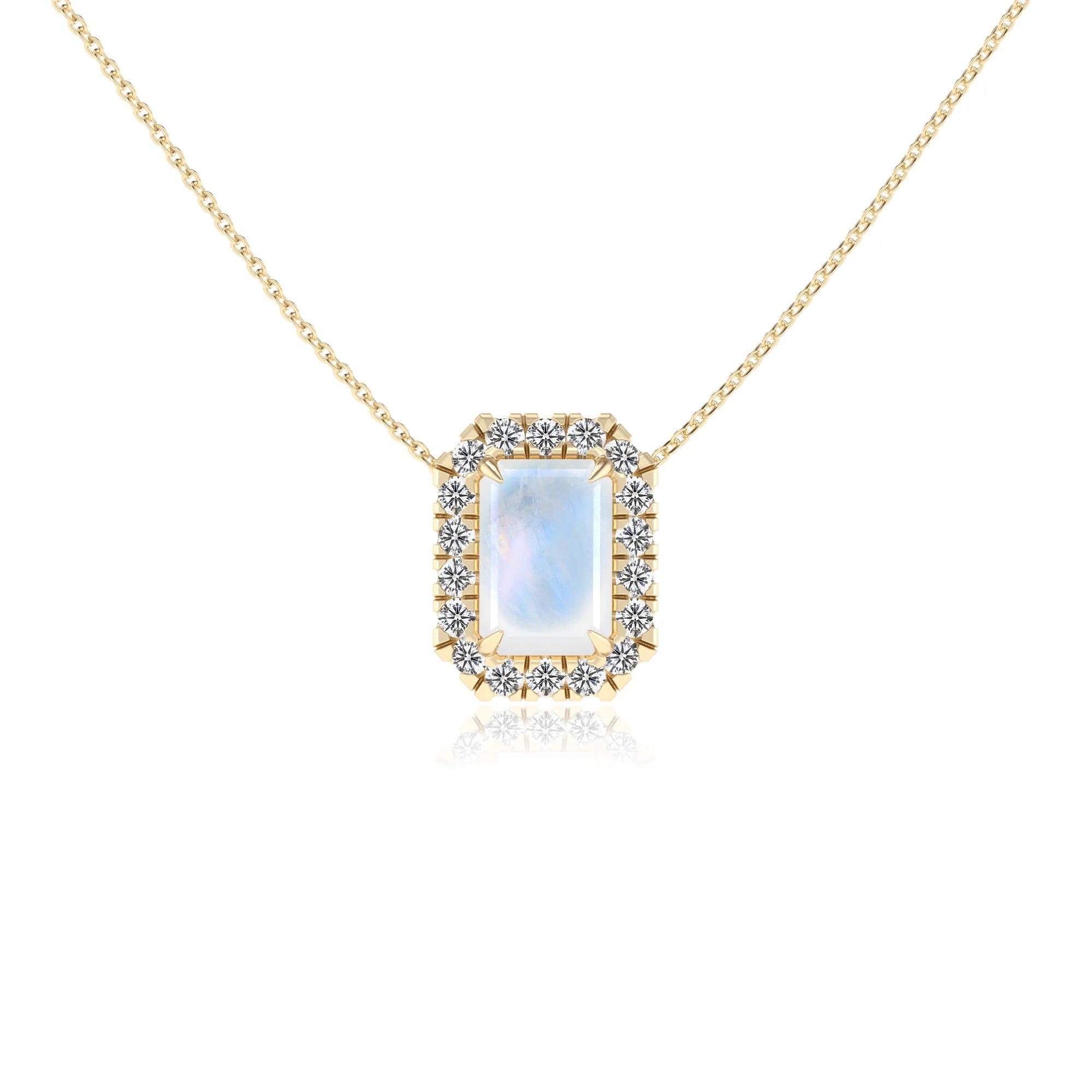 natural rainbow moonstone emerald cut solitaire necklaces in yellow gold