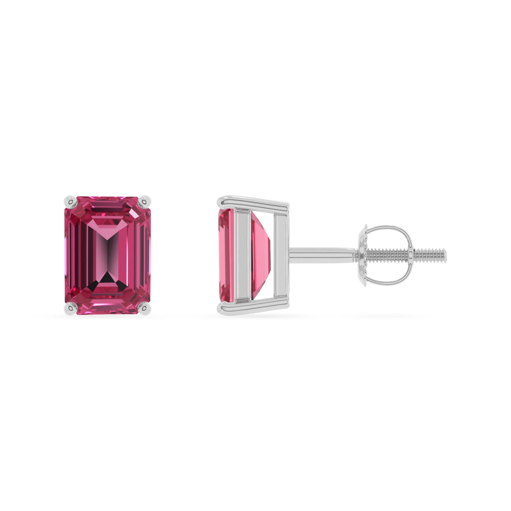 lab grown pink tourmaline emerald cut stud earrings in white gold