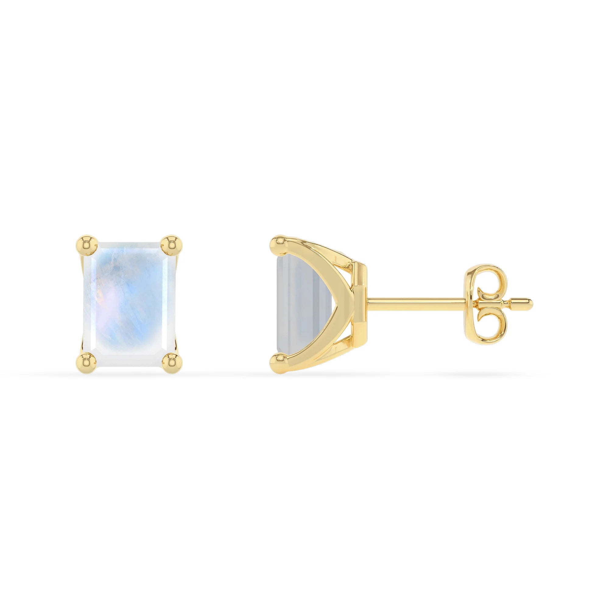 natural rainbow moonstone emerald cut stud earrings in yellow gold
