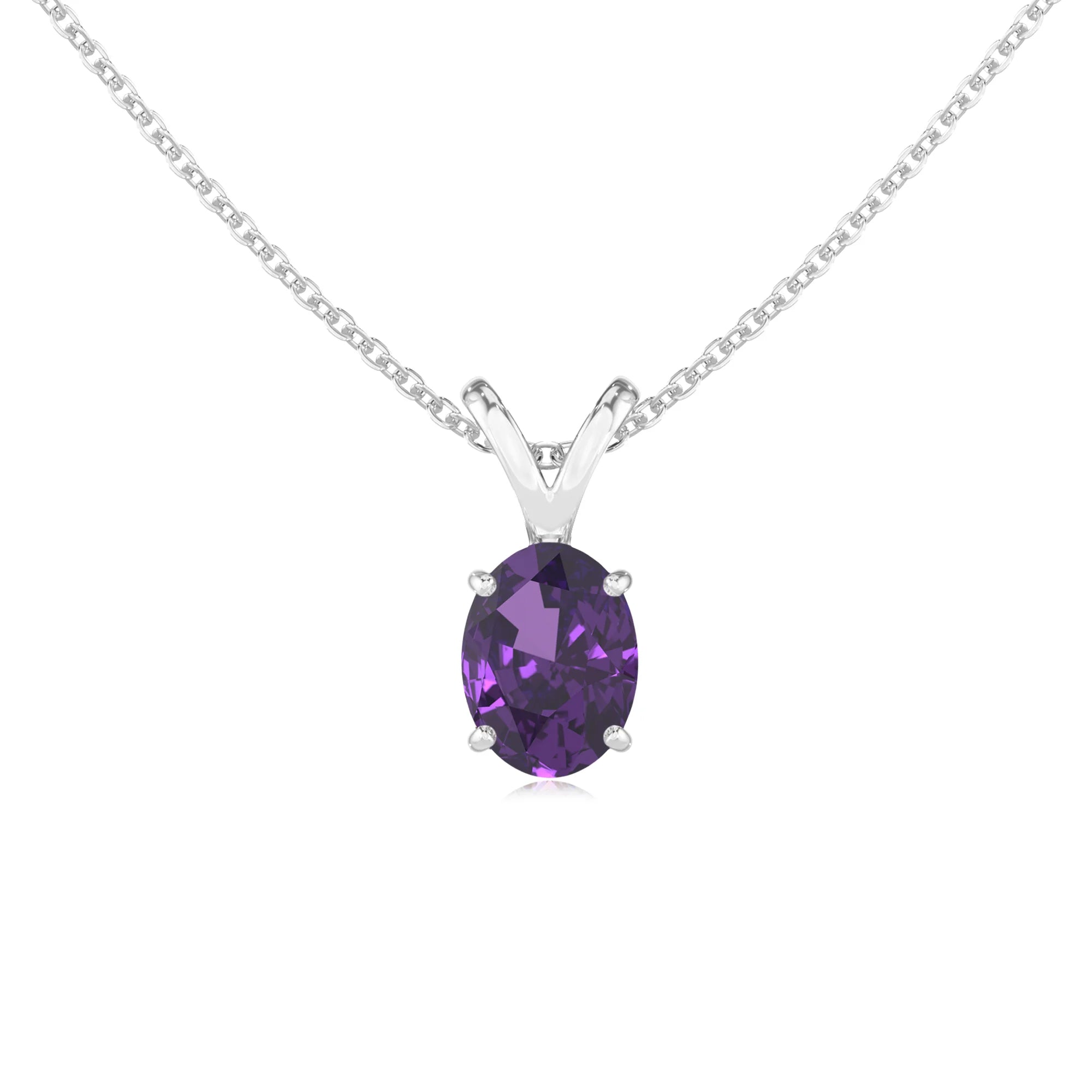 lab grown amethyst oval solitaire v-bale necklaces in white gold