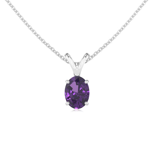 lab grown amethyst oval solitaire v-bale necklaces in white gold