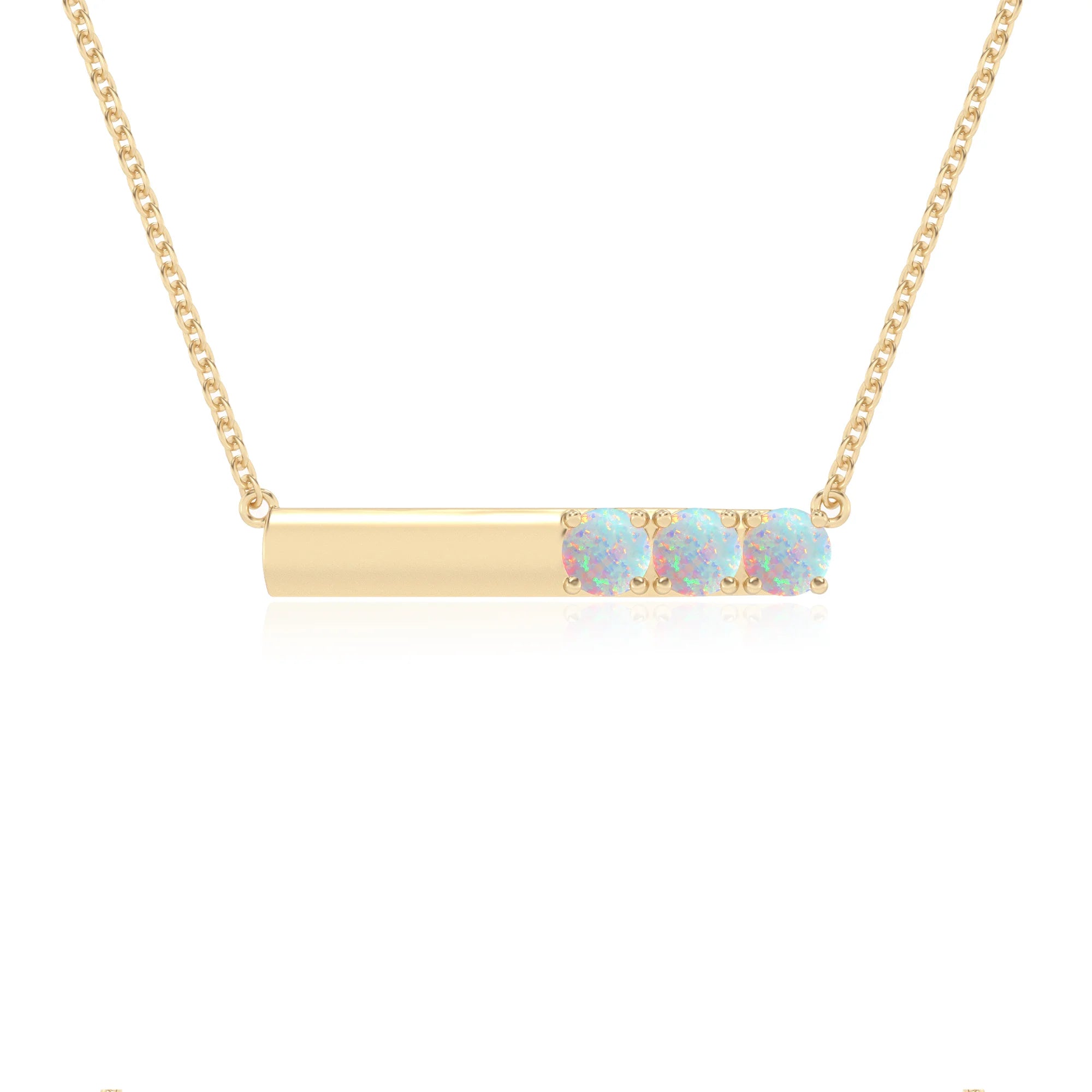 lab grown opal round bar v-bale necklaces in yellow gold