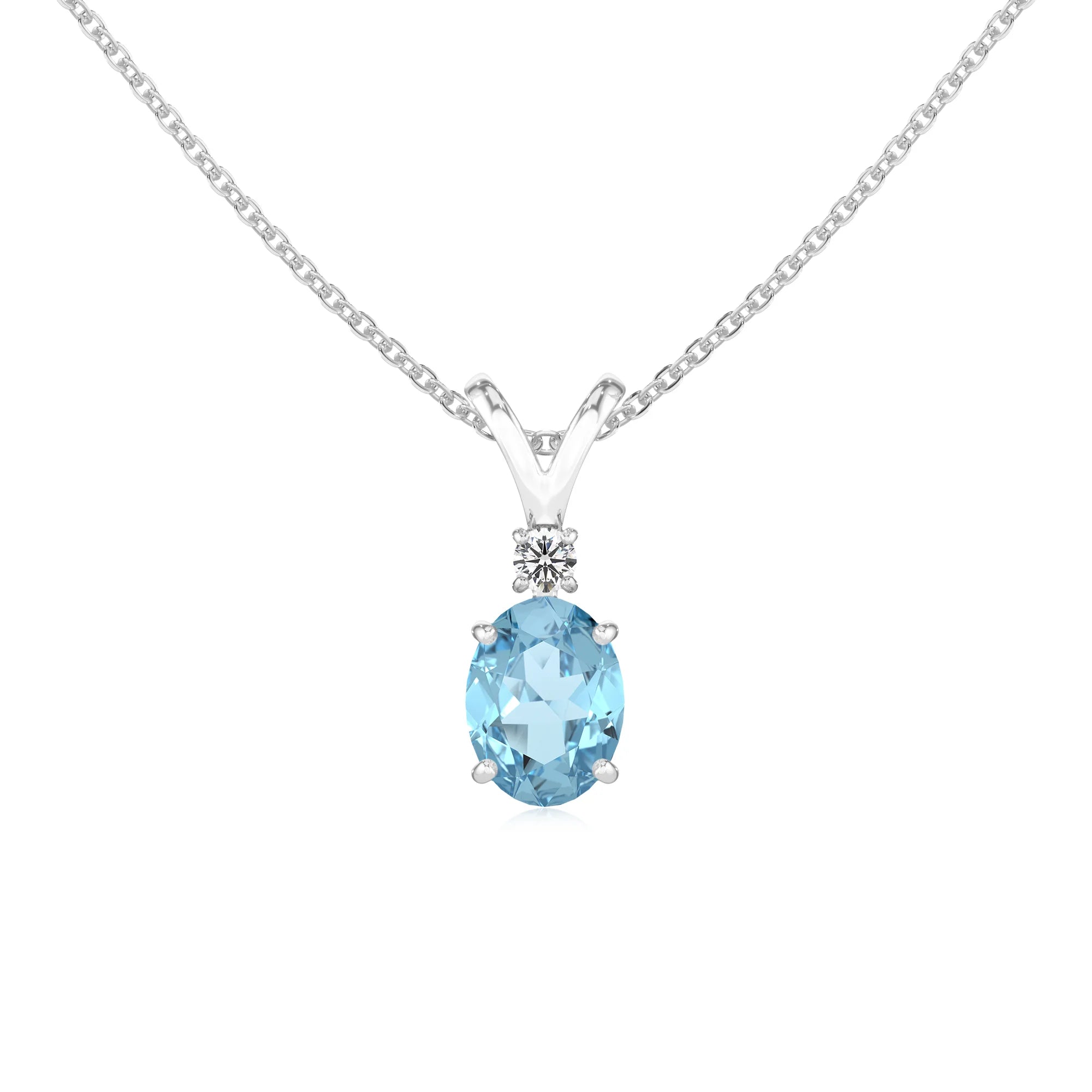 lab grown aquamarine oval solitaire v-bale necklaces in platinum
