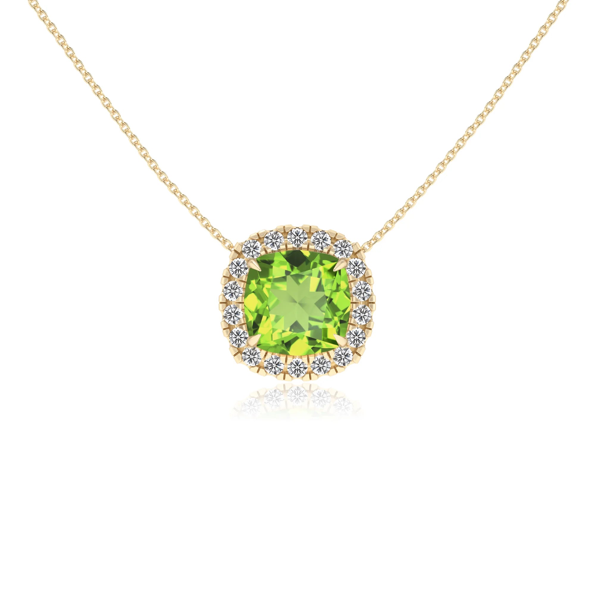 natural peridot cushion solitaire necklaces in yellow gold