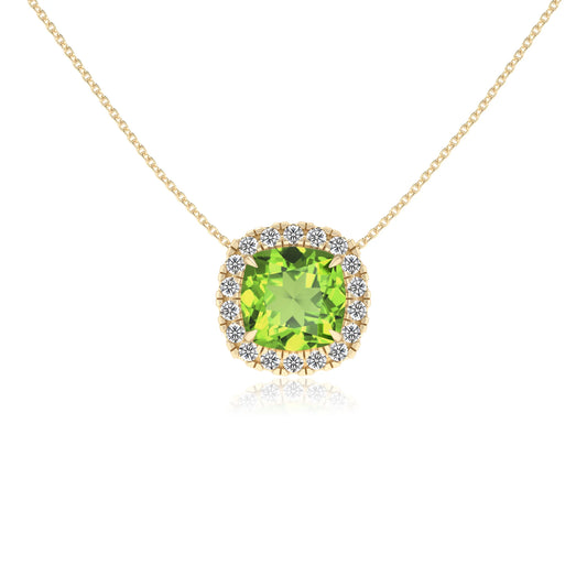 natural peridot cushion solitaire necklaces in yellow gold