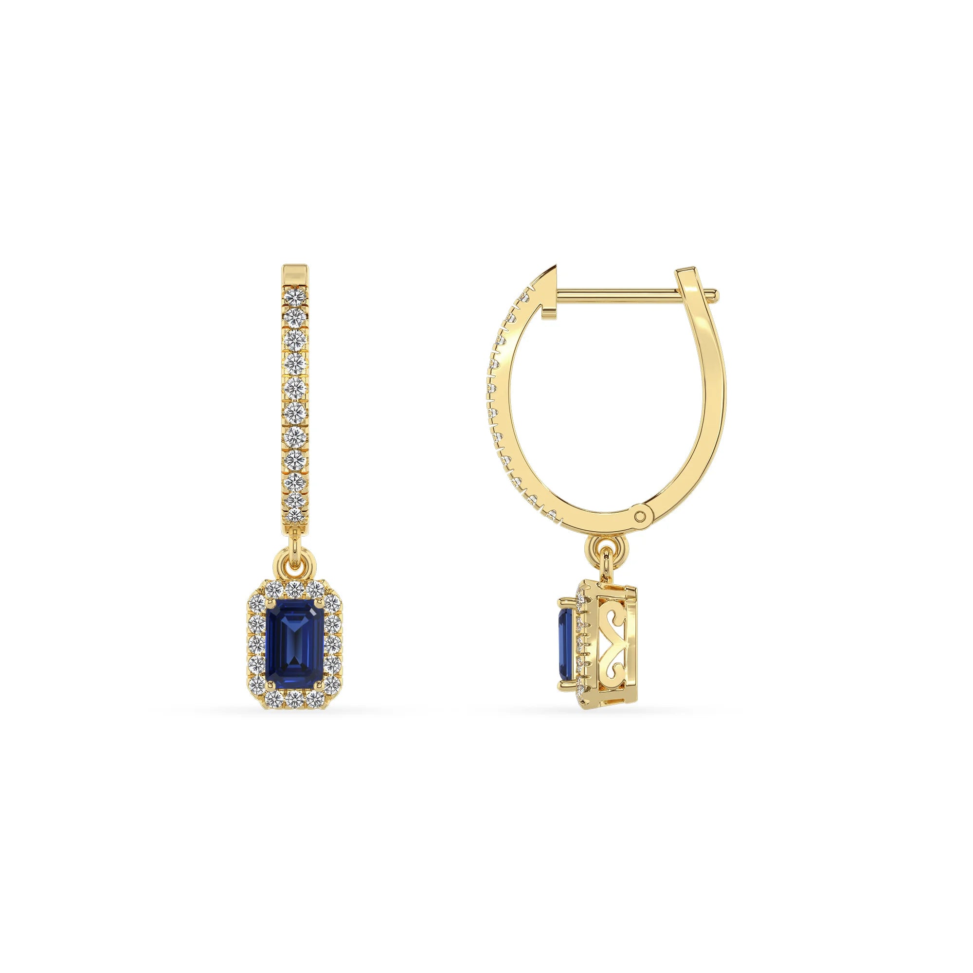lab grown blue sapphire emerald cut drop earrings in yellow gold