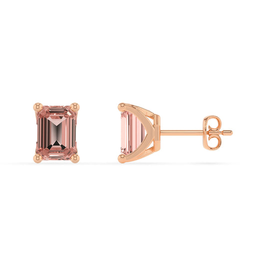 lab grown morganite emerald cut stud earrings in rose gold
