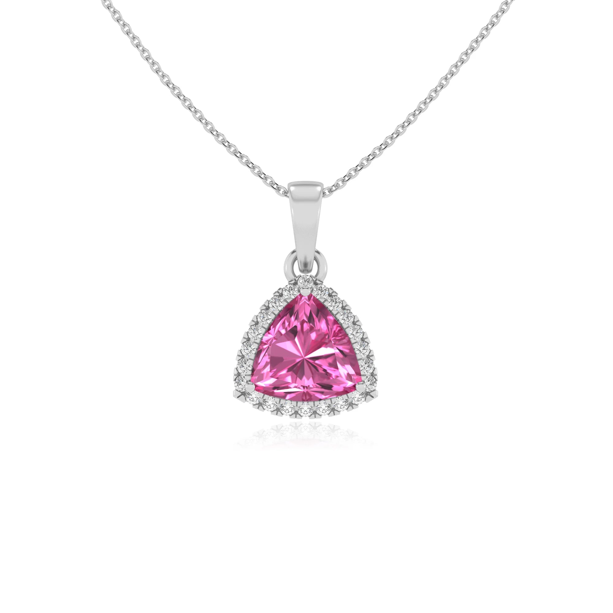 lab grown pink-sapphire trillion solitaire necklaces in white gold