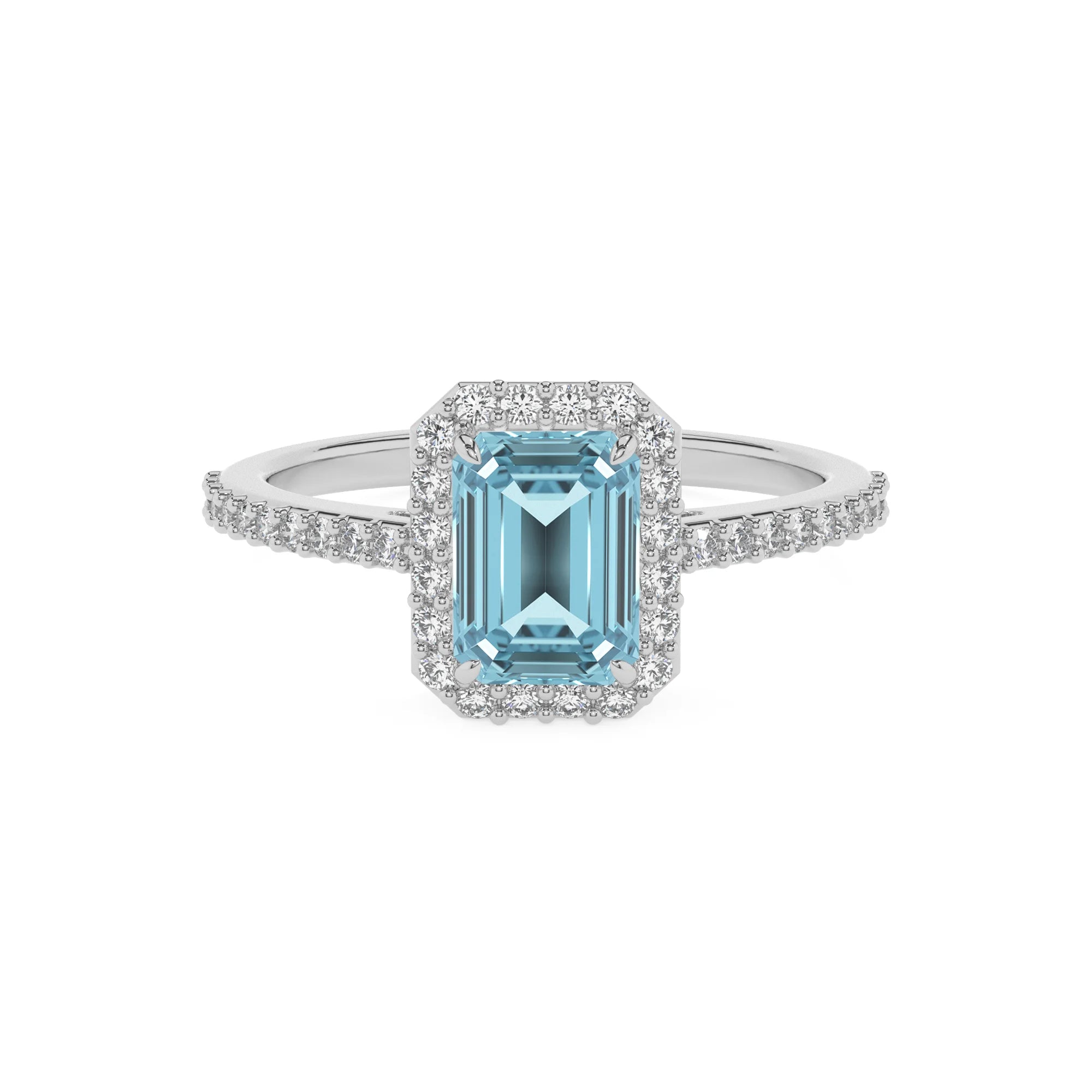 lab grown aquamarine emerald cut solitaire rings in platinum