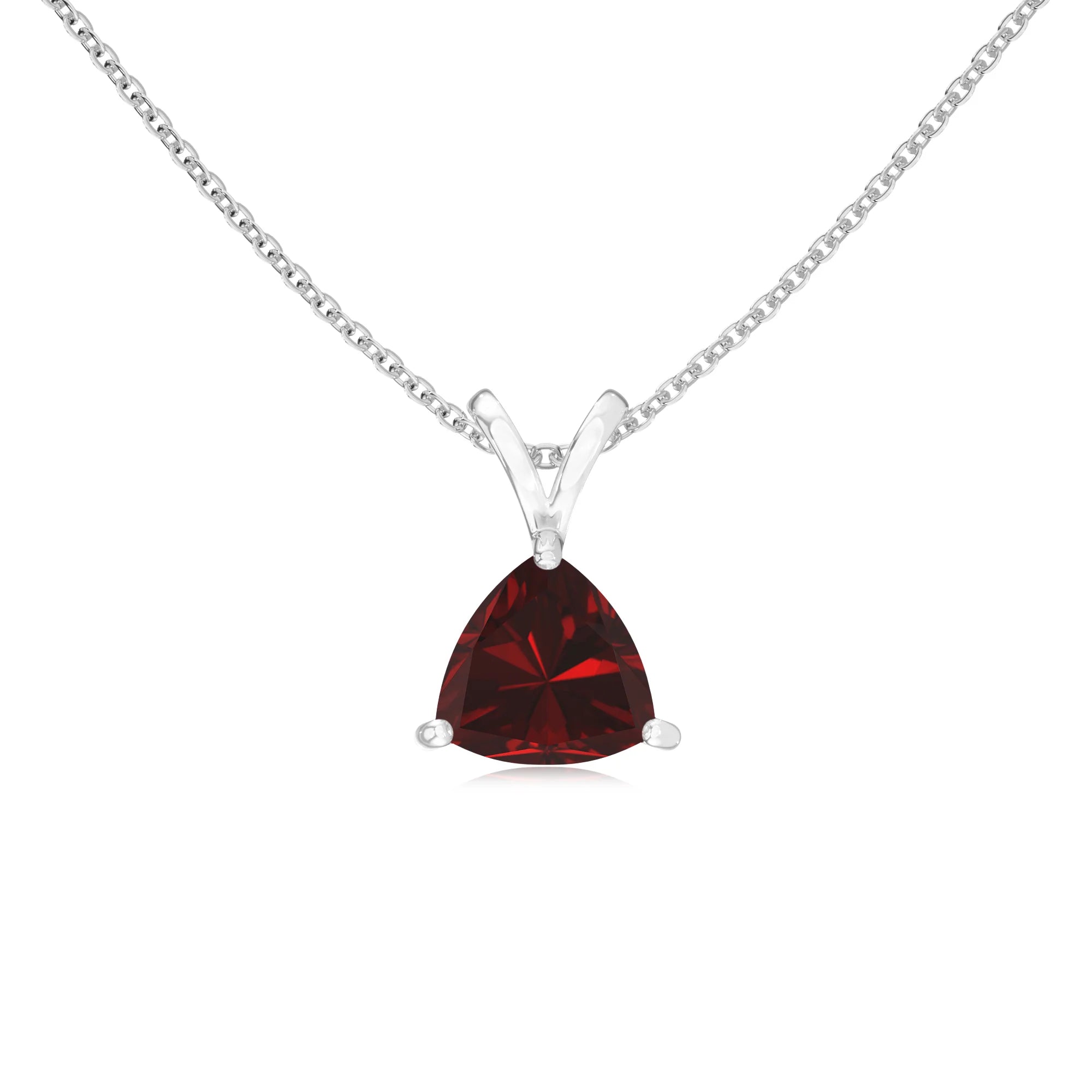 natural garnet trillion solitaire v-bale necklaces in white gold