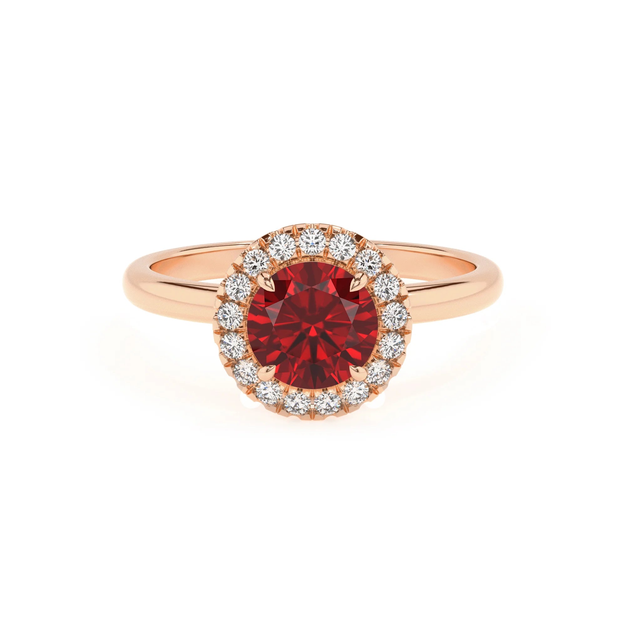 lab grown ruby round solitaire rings in rose gold