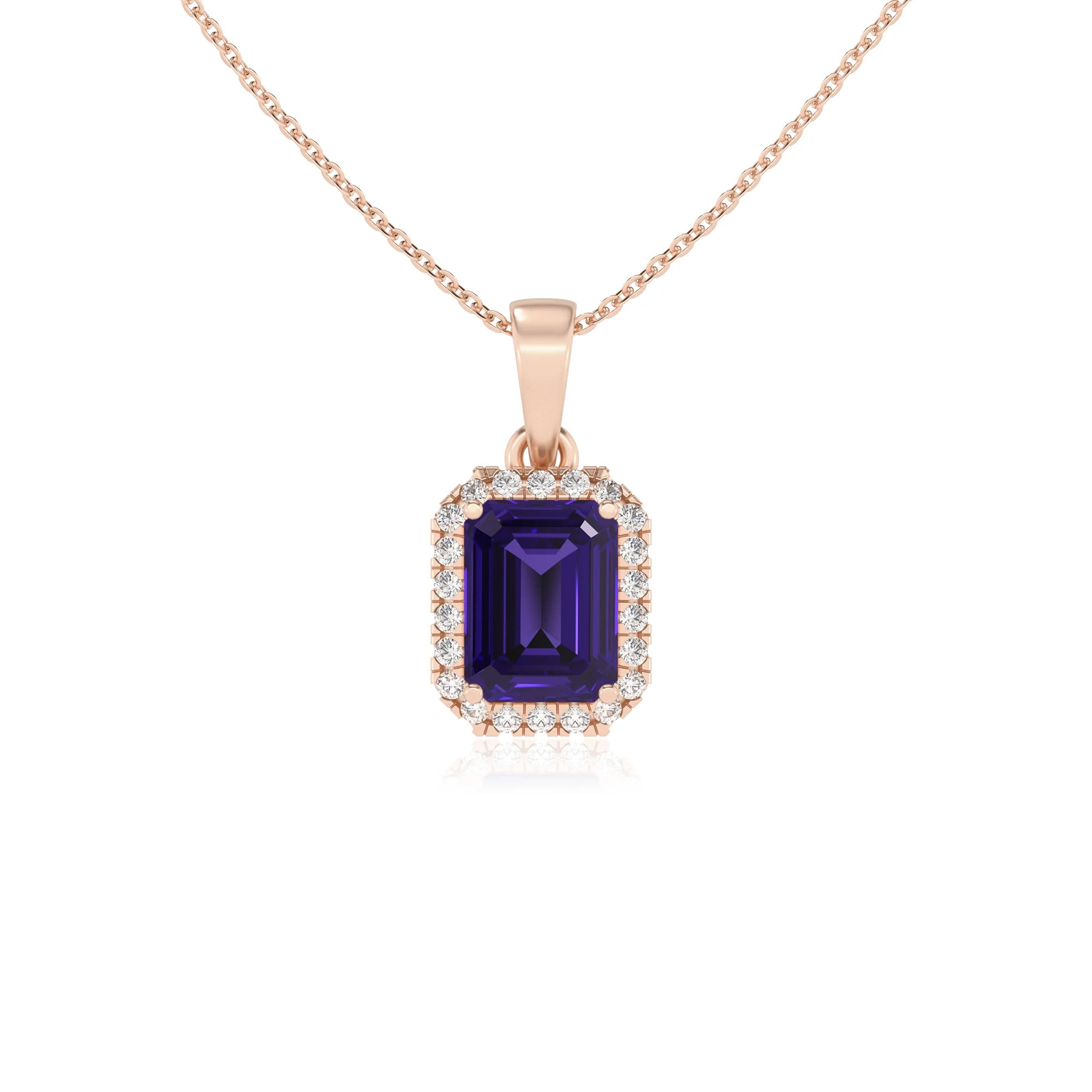 lab grown tanzanite emerald cut solitaire necklaces in rose gold