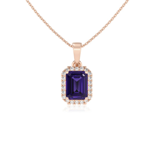 lab grown tanzanite emerald cut solitaire necklaces in rose gold