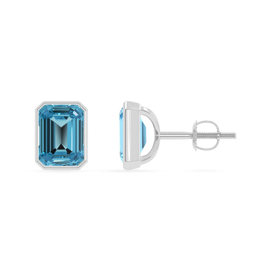 Natural Swiss Blue Topaz Emerald-Cut Solitaire Stud Earrings