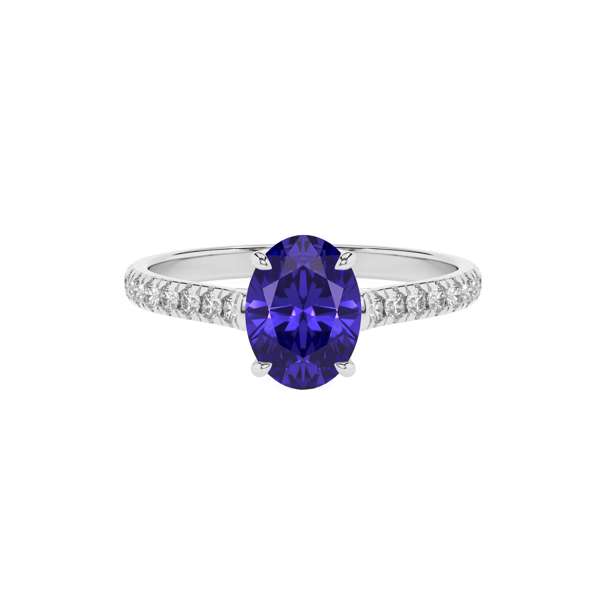 lab grown tanzanite oval half eternity solitaire engagement rings in white gold