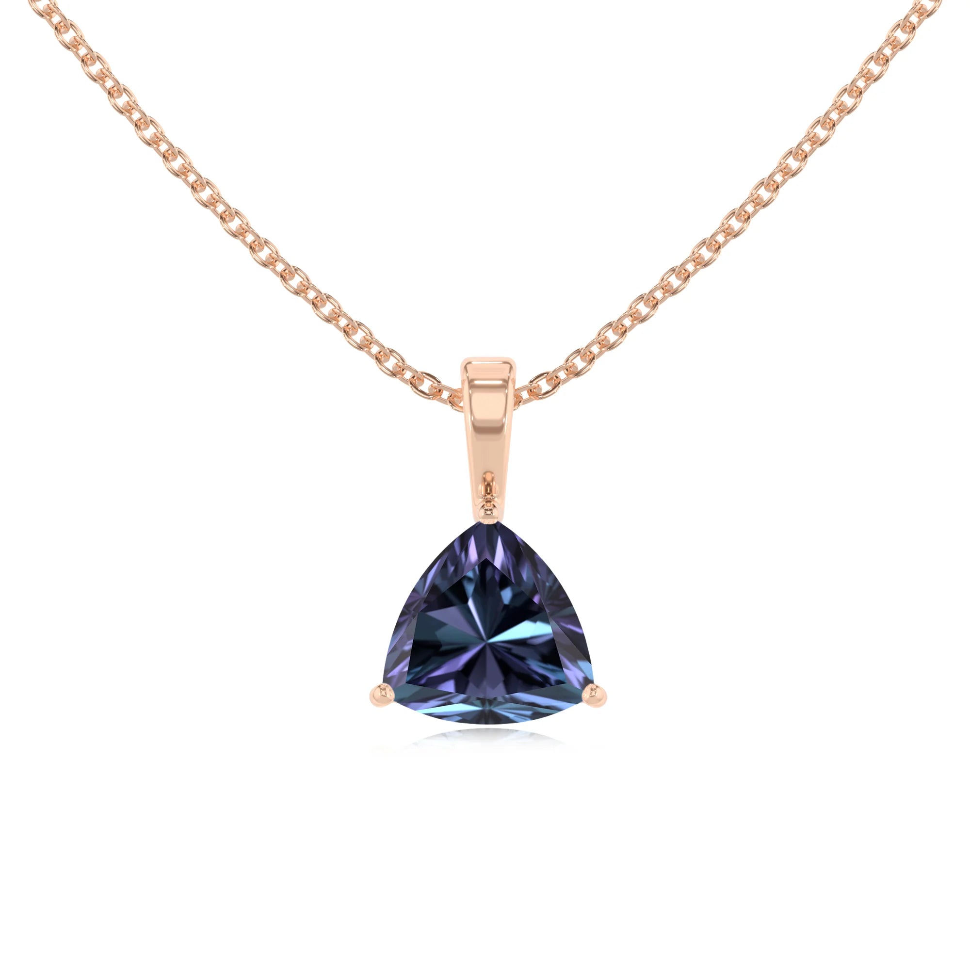 lab grown alexandrite trillion solitaire necklaces in rose gold