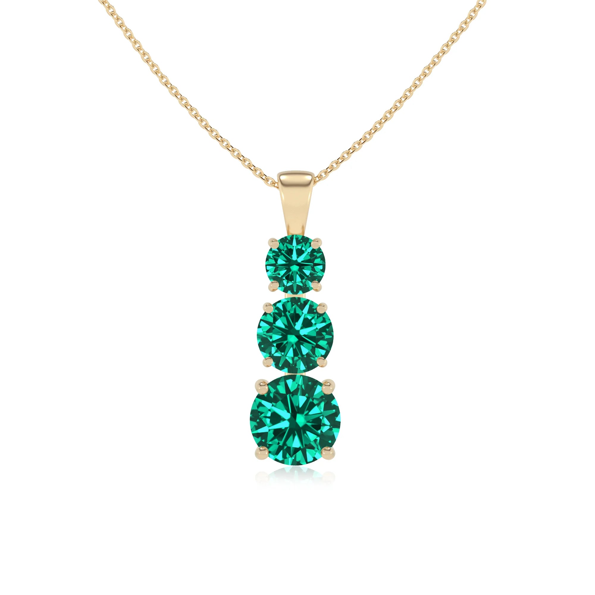 lab grown emerald round bar v-bale necklaces in yellow gold