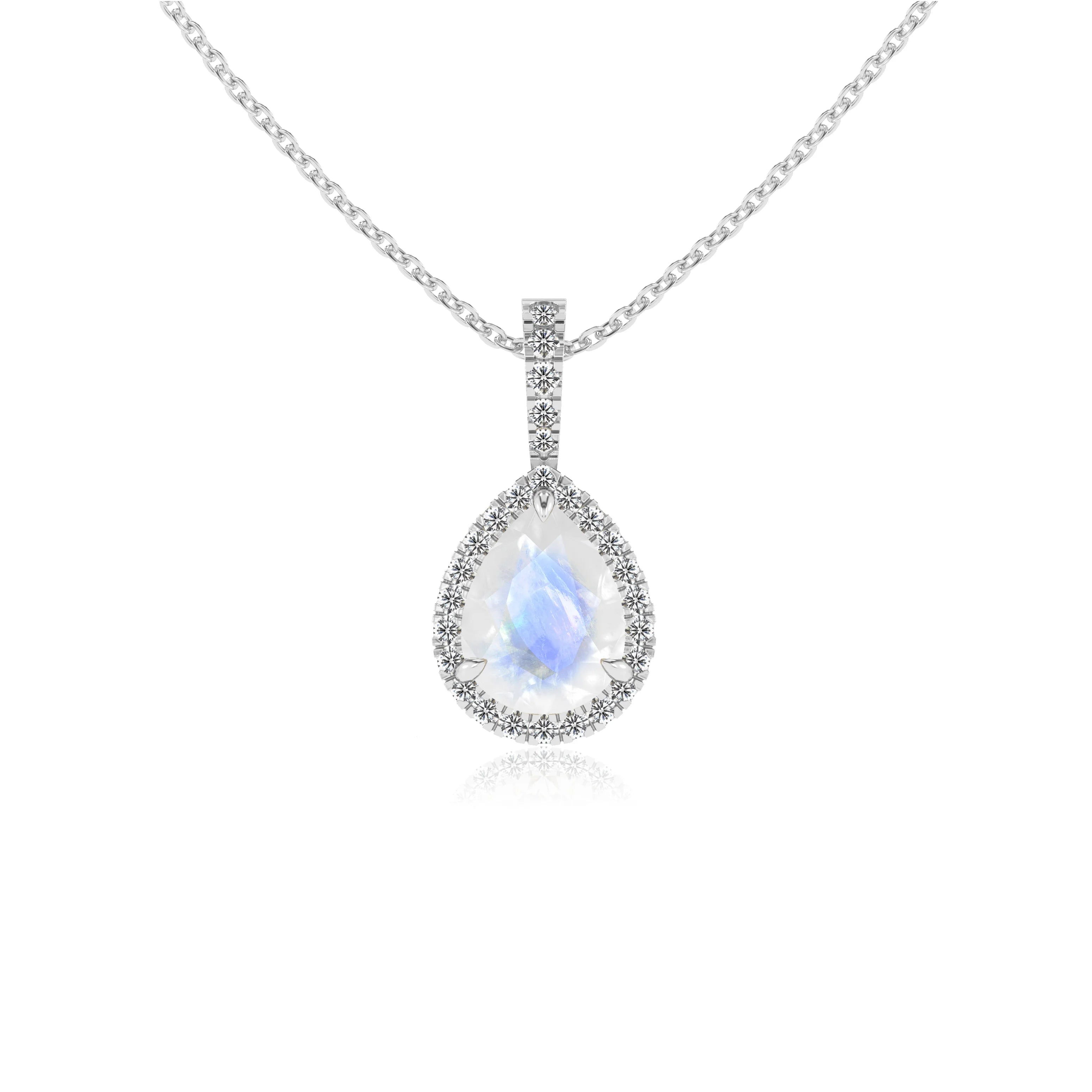 natural rainbow-moonstone pear solitaire necklaces in white gold