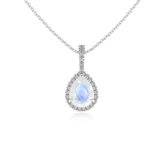 natural rainbow-moonstone pear solitaire necklaces in white gold