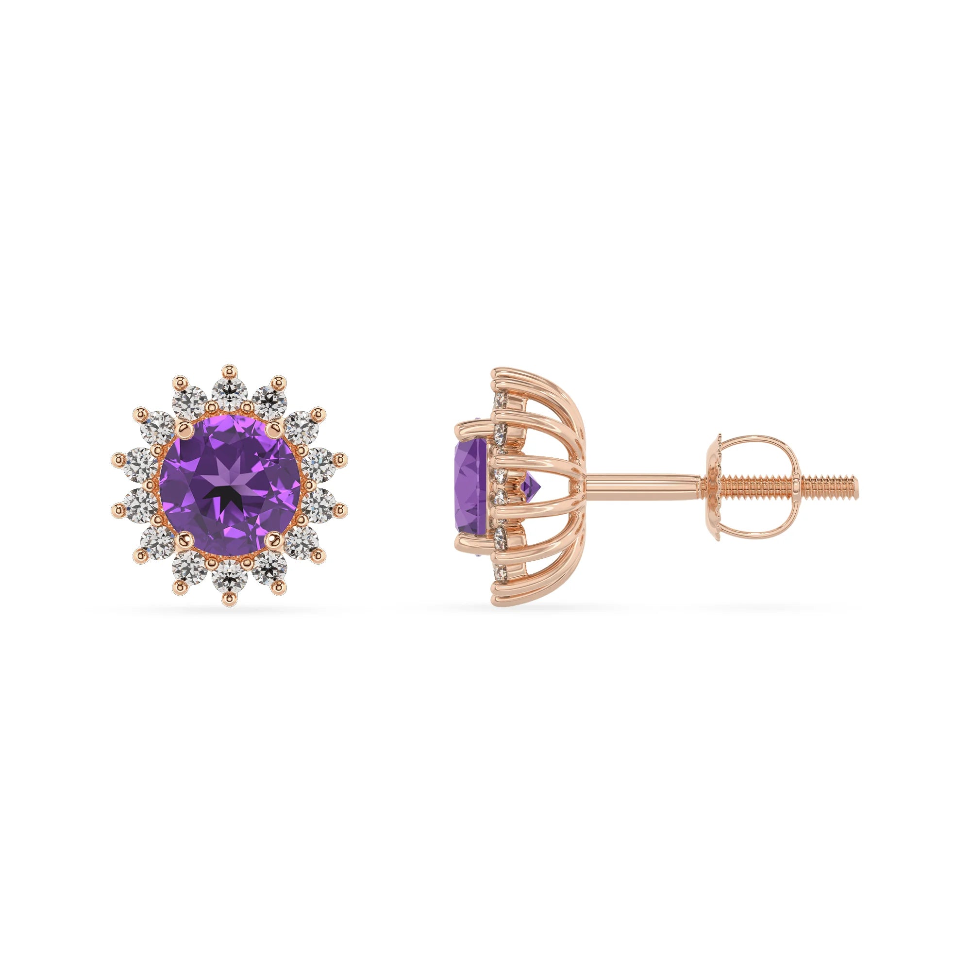 lab grown amethyst round stud earrings in rose gold