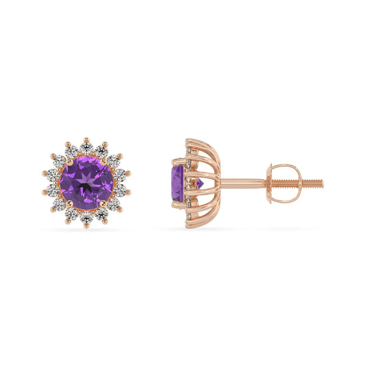 lab grown amethyst round stud earrings in rose gold