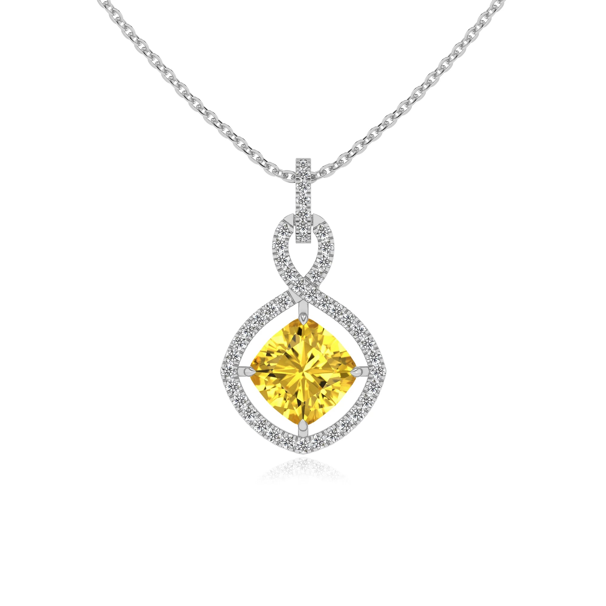lab grown yellow-sapphire cushion infinity necklaces in white gold