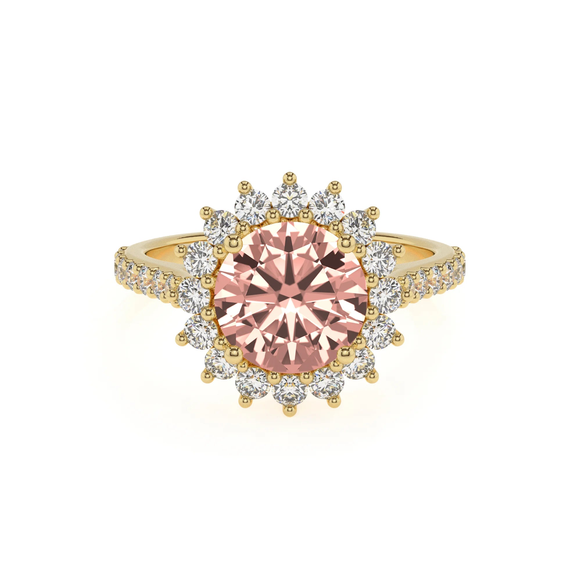 lab grown morganite round solitaire rings in yellow gold