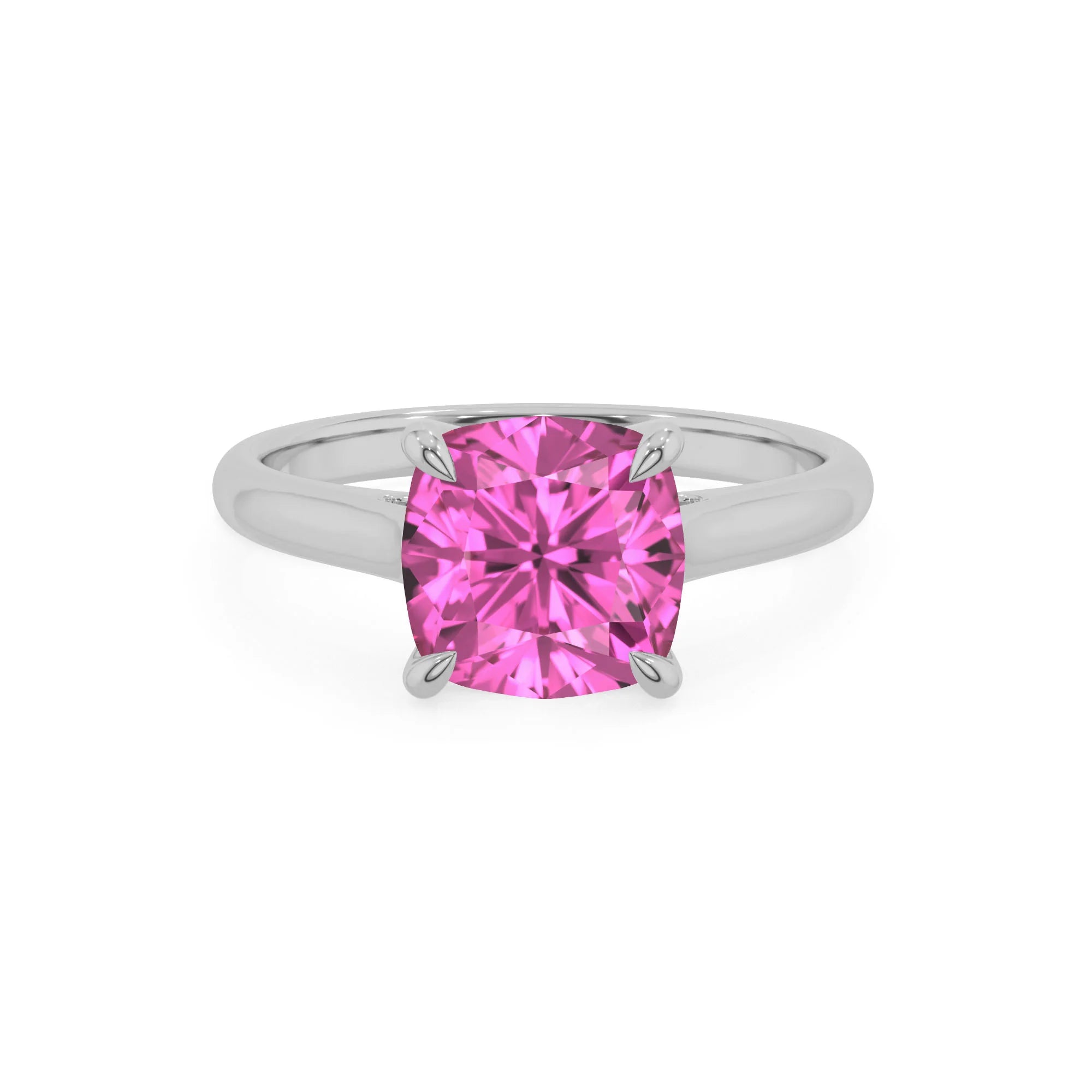 lab grown pink-sapphire cushion solitaire rings in white gold