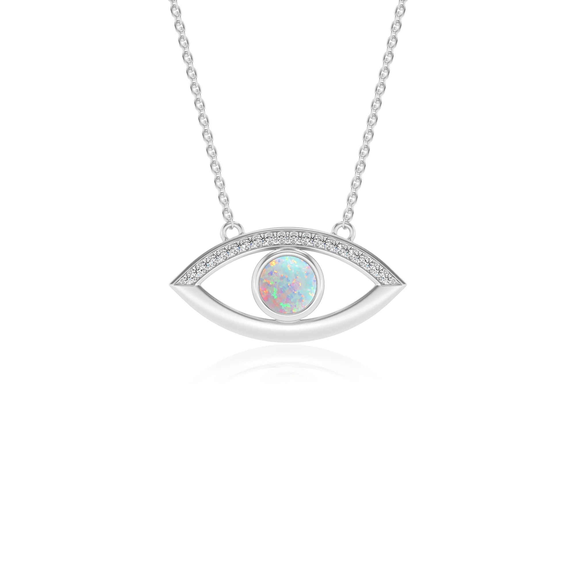 lab grown opal round solitaire necklaces in white gold