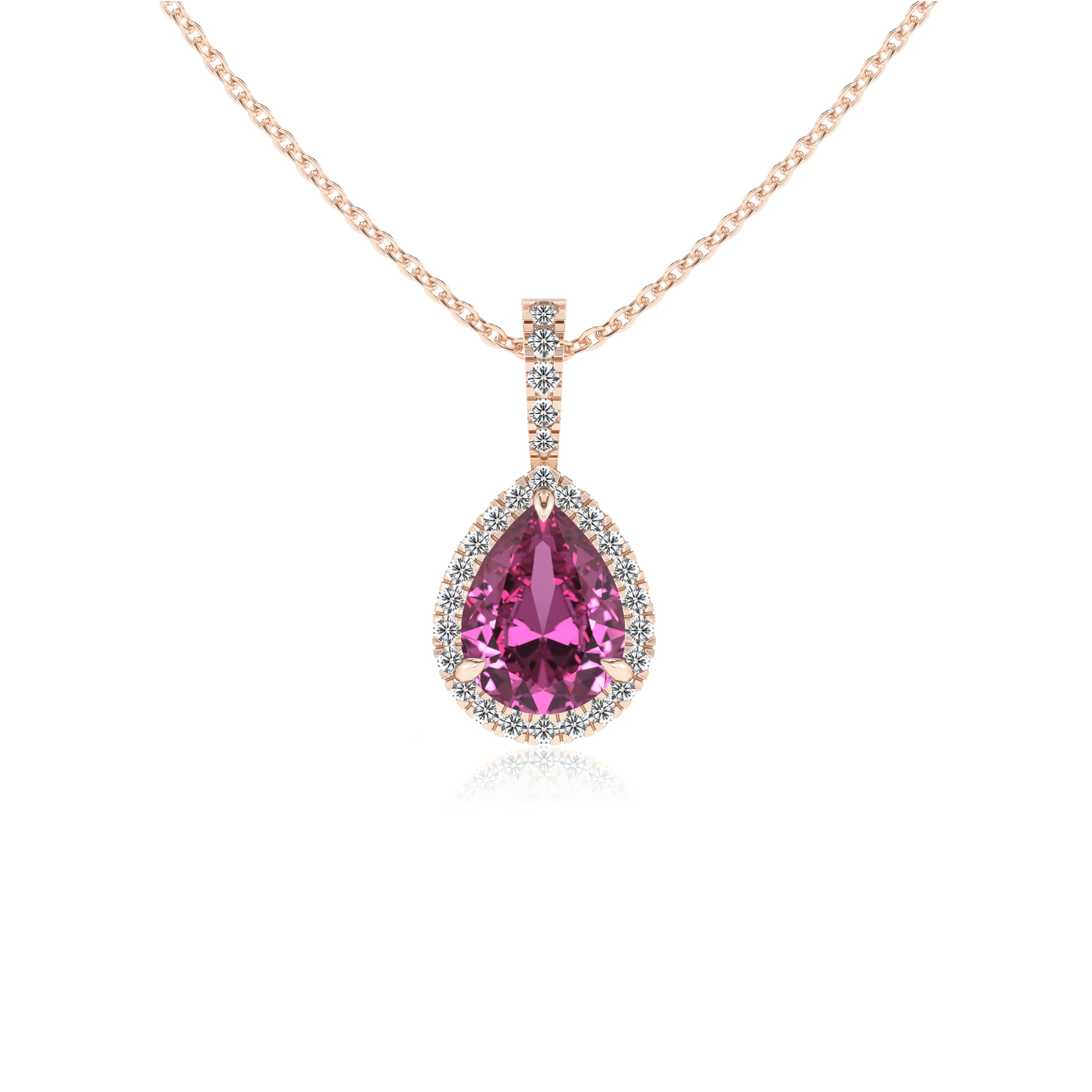 lab grown pink-sapphire pear solitaire necklaces in rose gold