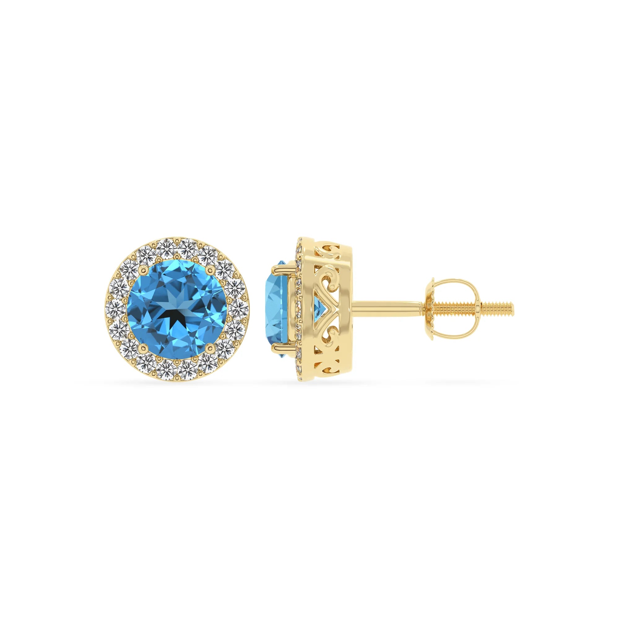 natural swiss blue topaz round stud earrings in yellow gold