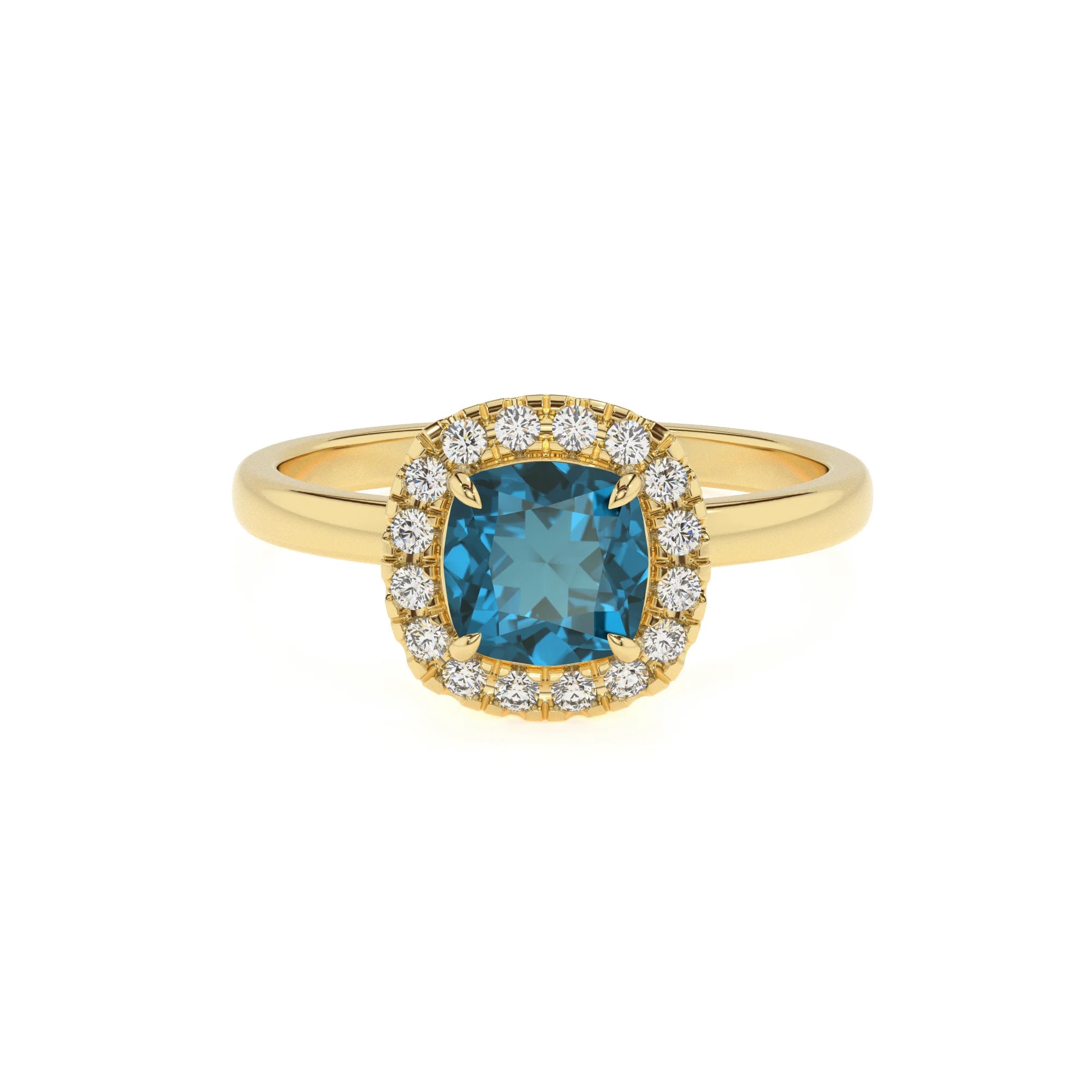 natural london-blue-topaz cushion solitaire rings in yellow gold
