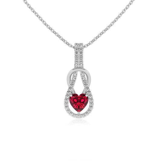 lab grown ruby heart infinity v-bale necklaces in white gold