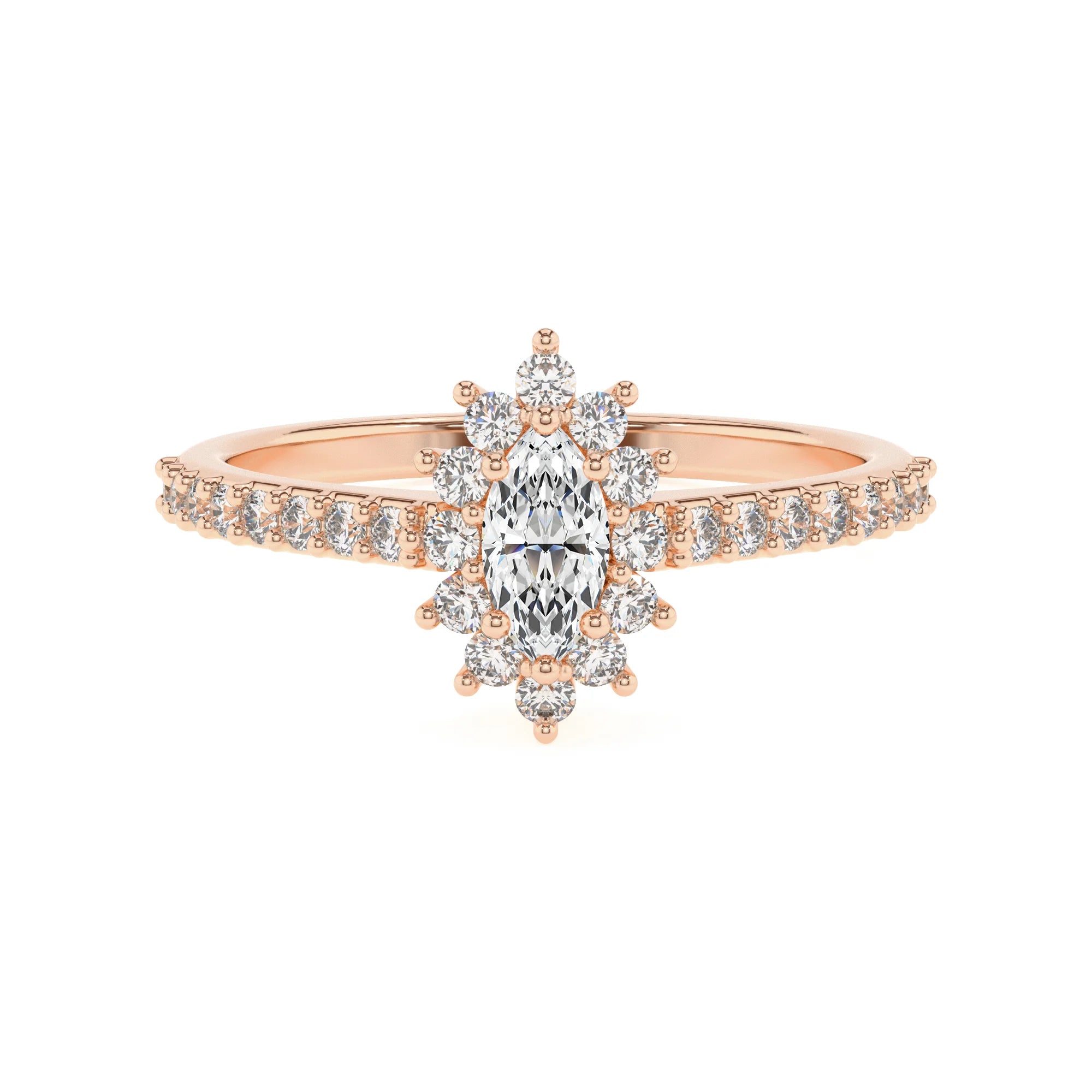 lab grown moissanite marquise solitaire rings in rose gold