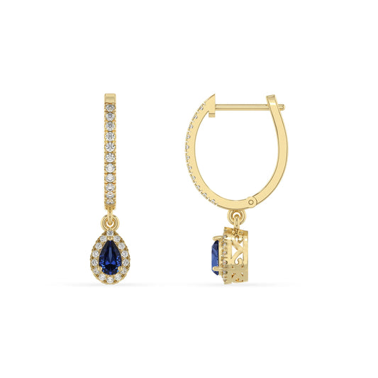 lab grown blue sapphire pear drop earrings in yellow gold