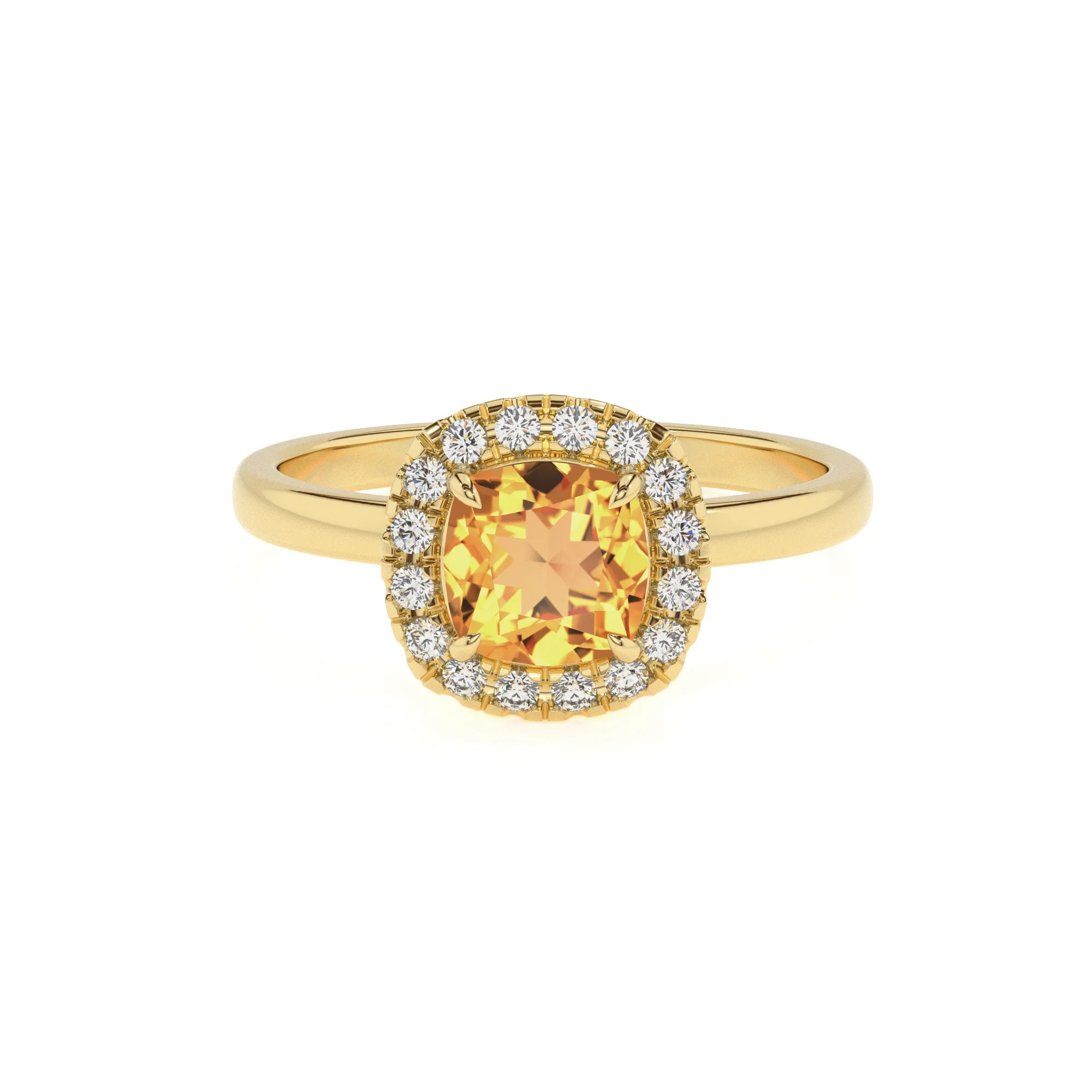 lab grown citrine cushion solitaire rings in yellow gold