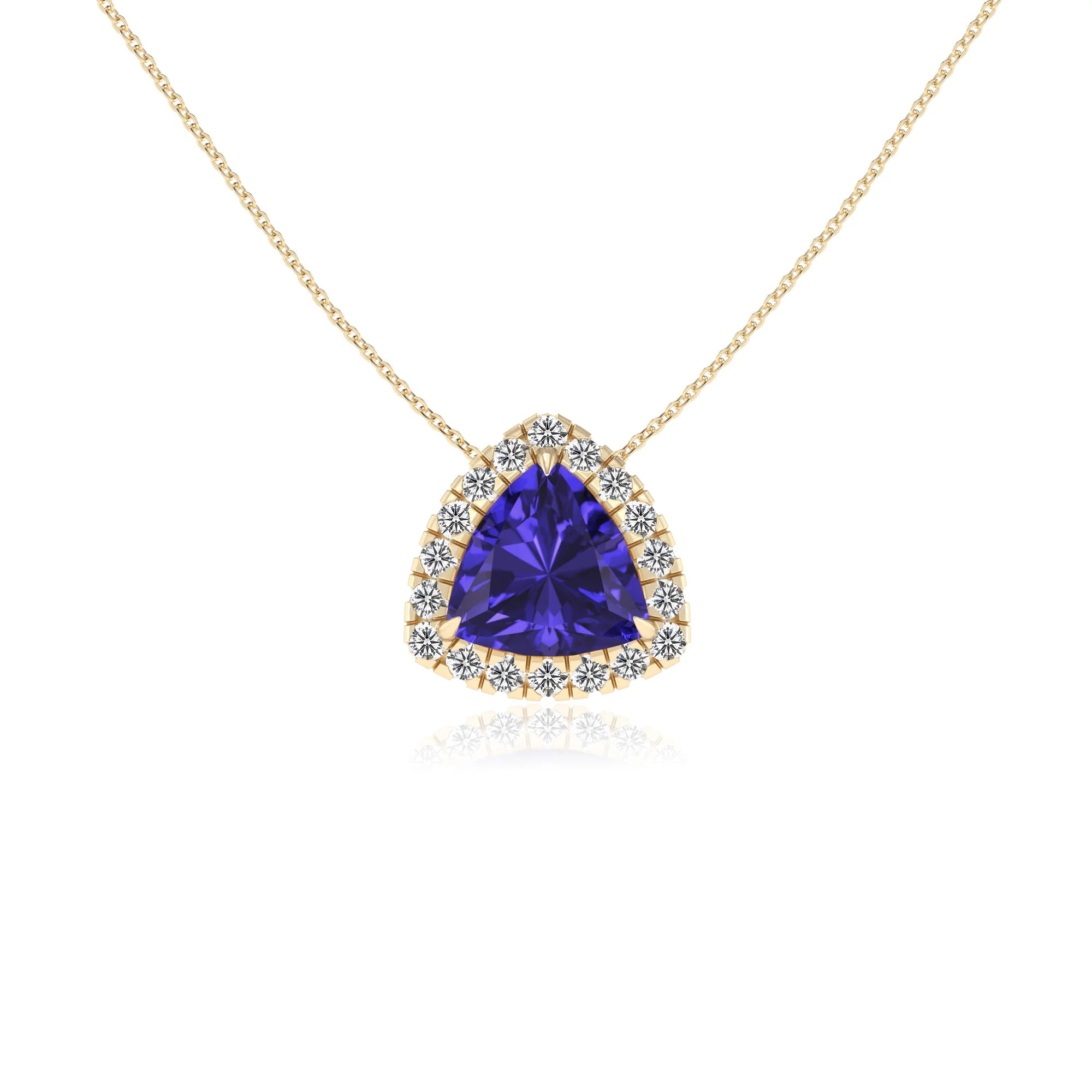 lab grown tanzanite trillion solitaire necklaces in yellow gold