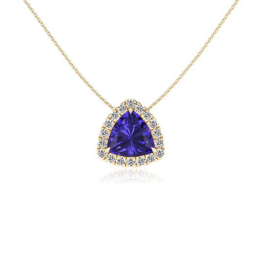 lab grown tanzanite trillion solitaire necklaces in yellow gold