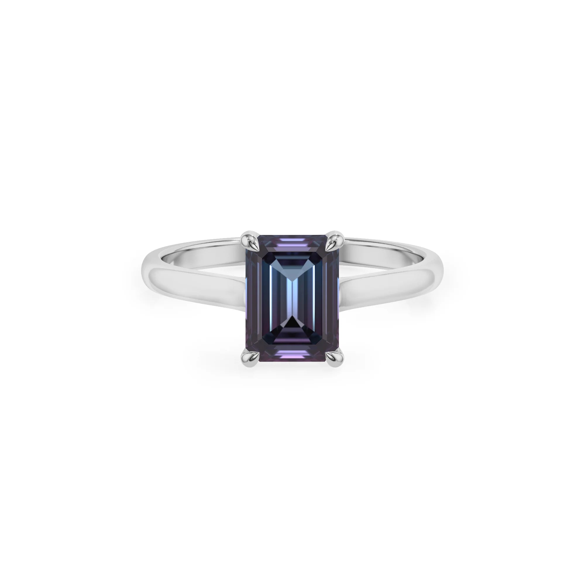 lab grown alexandrite emerald cut solitaire rings in sterling silver