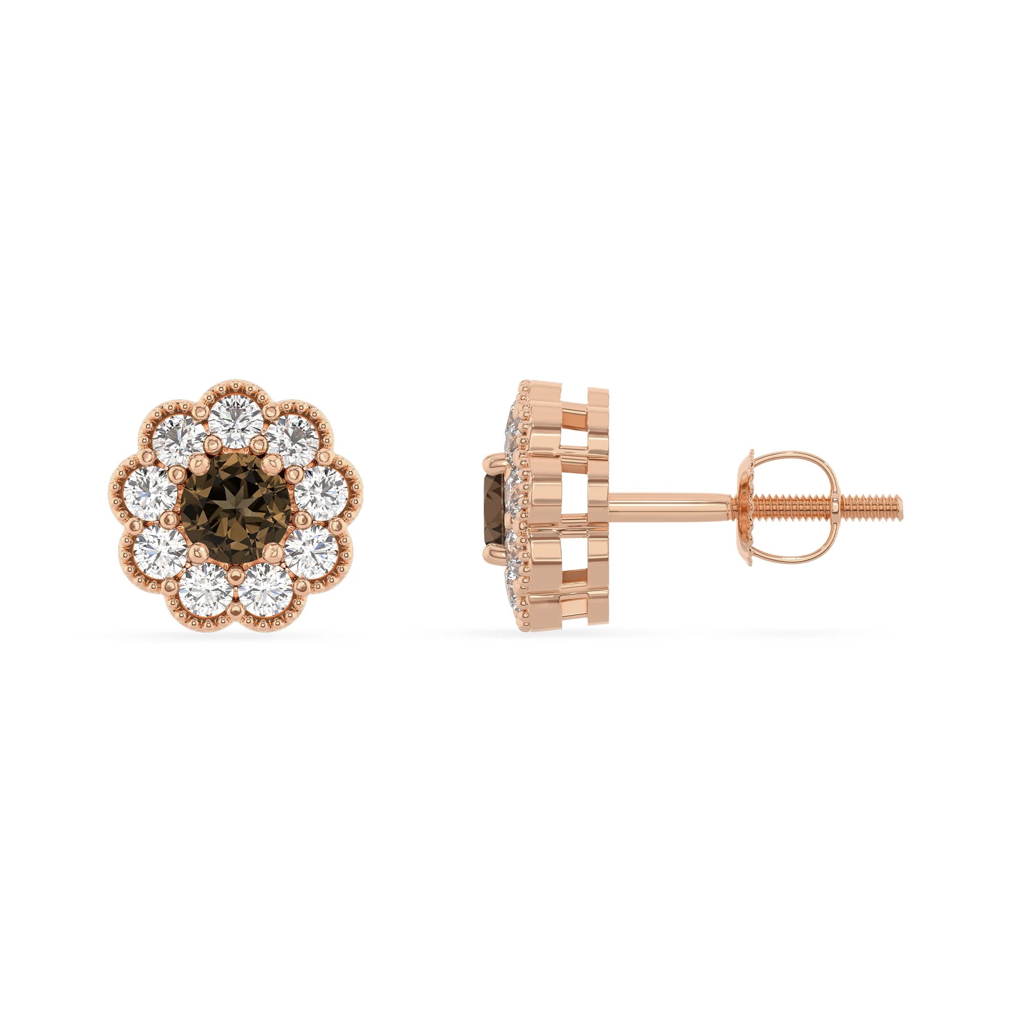 natural smoky quartz round stud earrings in rose gold