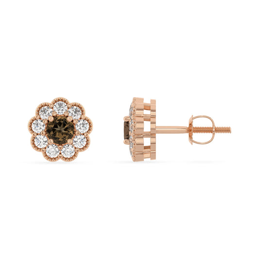 natural smoky quartz round stud earrings in rose gold