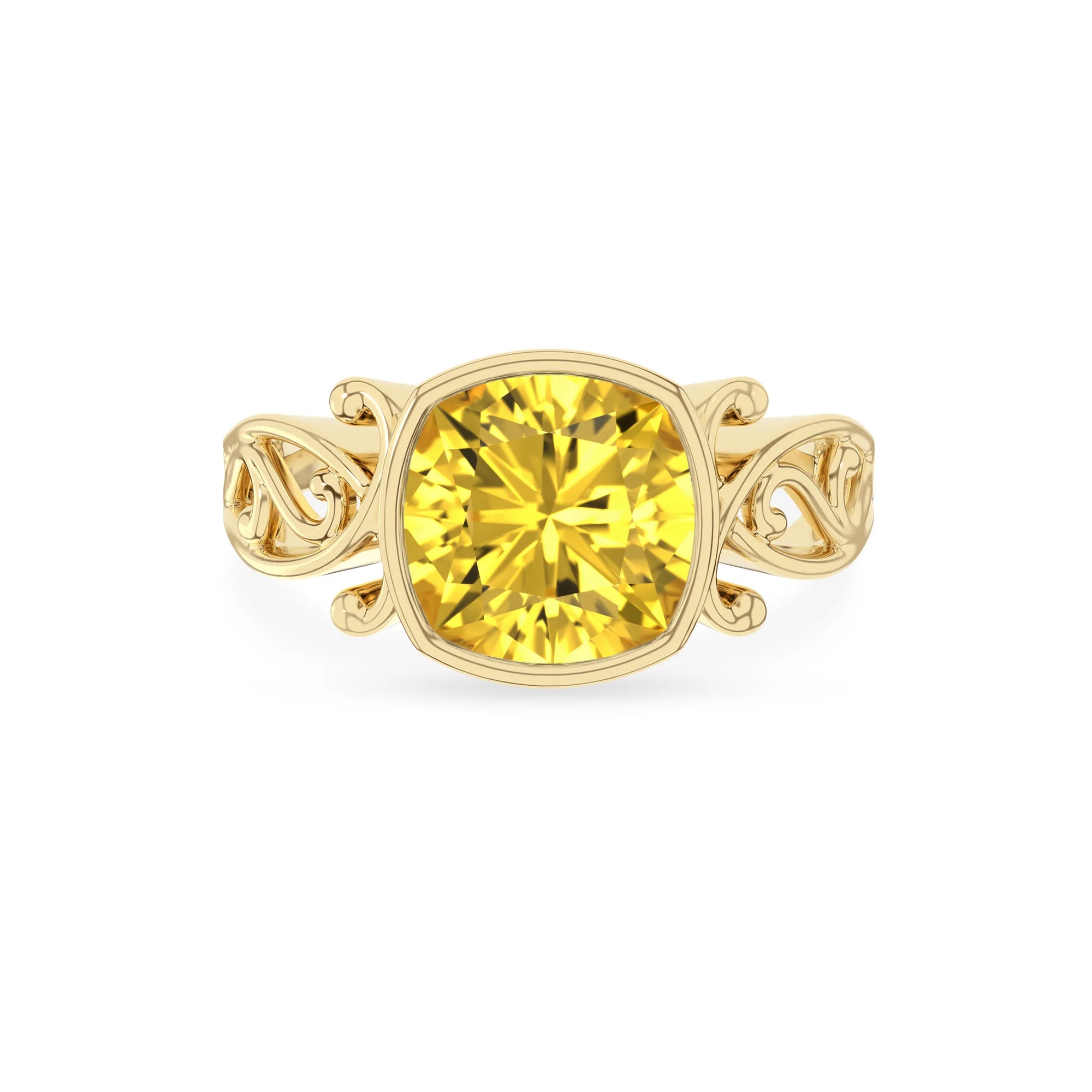 lab grown yellow-sapphire cushion solitaire rings in yellow gold